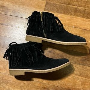 KATE SPADE NEW YORK Suede Fringe Trim Accent Boots